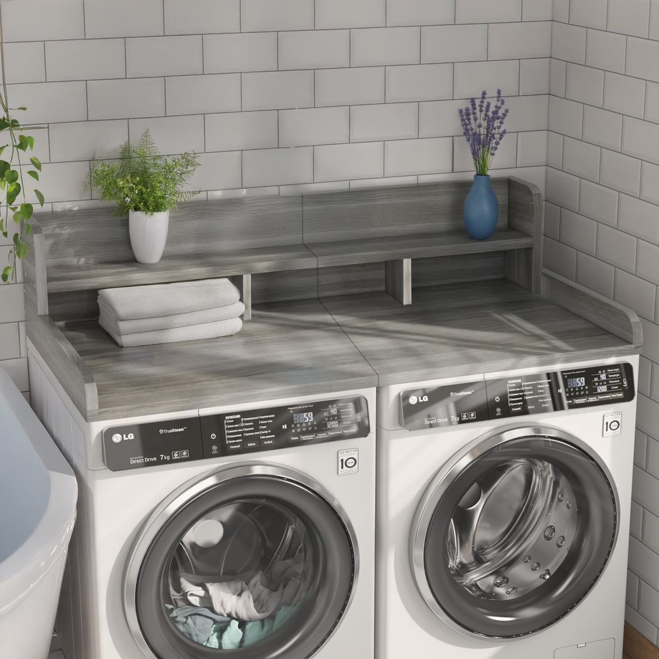 Washer Dryer Waterproof Countertop, Laundry Wood Shelf Topper with 2.75 Railimgs Edge, 54" x 27.5" Double Layer Organizer for Washer and Dryer Laundry Hamper Counter Storage Organization, Gray +White
