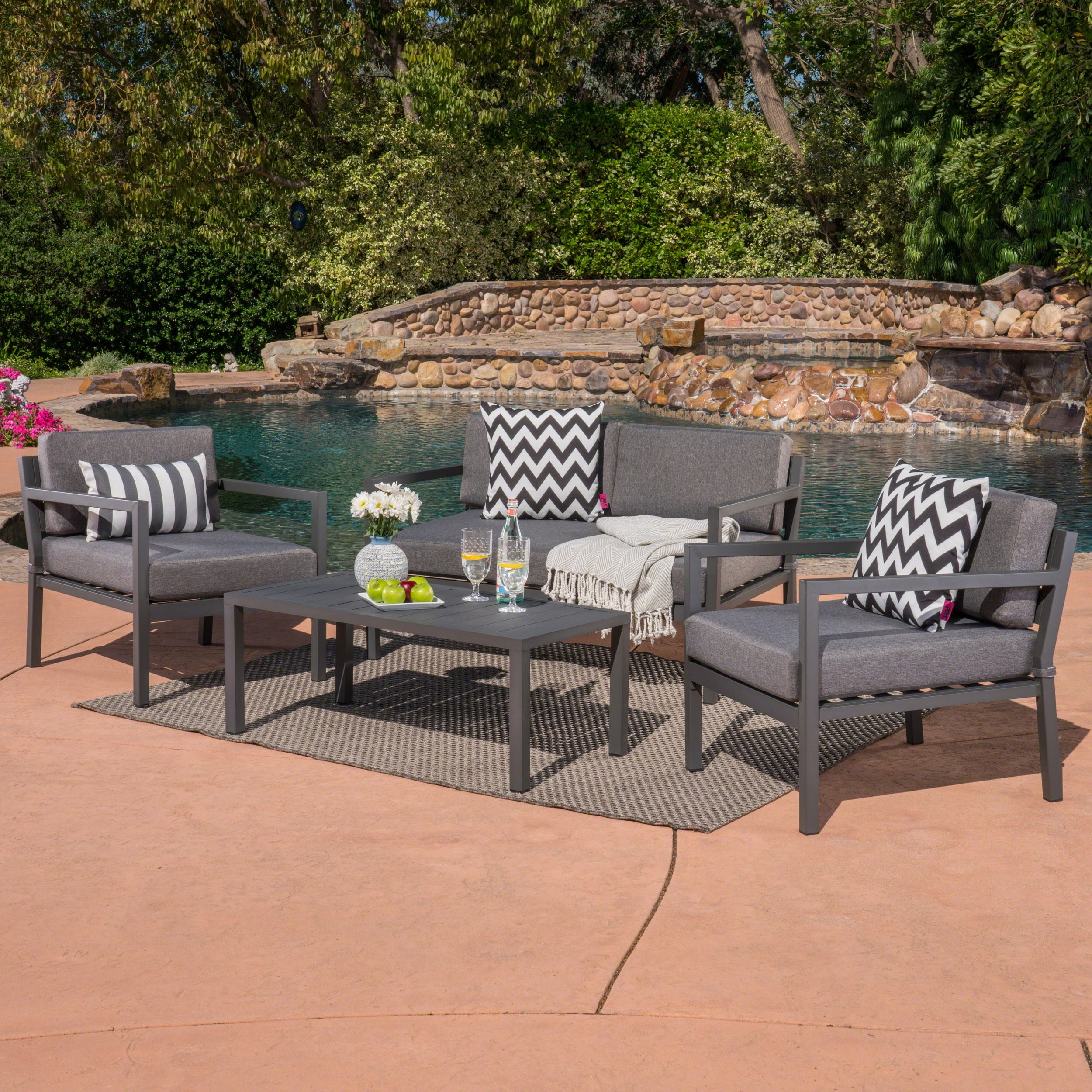 Harrison Outdoor 4 Piece Aluminum Chat Set With Cushions Grey Dark Grey Walmart Com Walmart Com