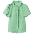 thumbnail image 4 of VNKIDY Womens Short Sleeve Striped Blouse Ruffled Collar Button Front Puff Sleeves Casual Chic Shirt For Summer Office Daily Wear Green S, 4 of 4
