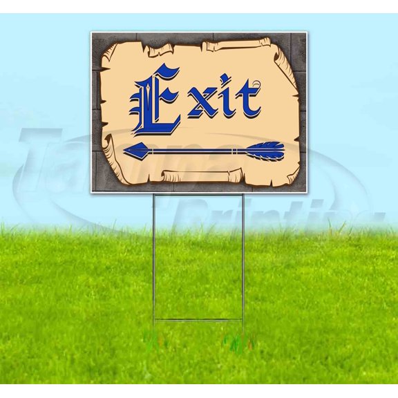 Medieval Fair Exit Left Arrow Blue Scroll (18" X 24") Yard Sign, Includes Metal Step Stake