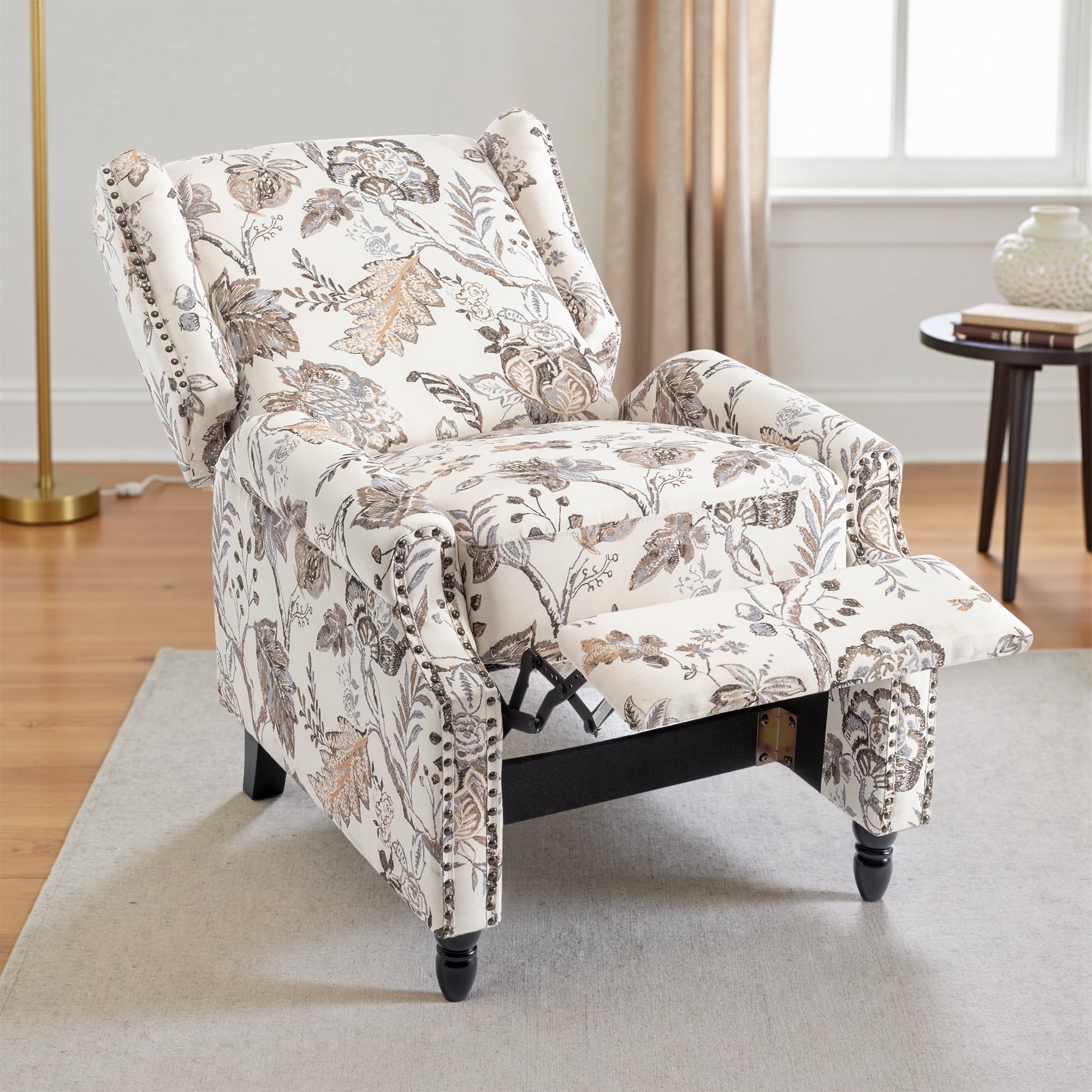UIXE Floral Pushback Recliner Chair, Fabric Upholstered Armchair Push Back Accent Chair for Living Room, Rivet Trim Club Chair Home Theater Single Sofa Reading Seat, Plants Beige