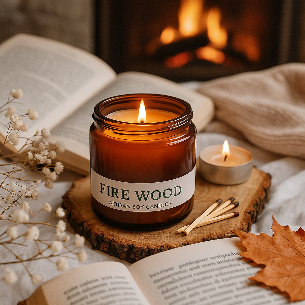 Nature Skin Shop Firewood Soy Candle – Clean-Burning Wood Wick Candle with Smoky Cedar & Amber Notes – 8 oz Jar – Cozy Modern Home Fragrance