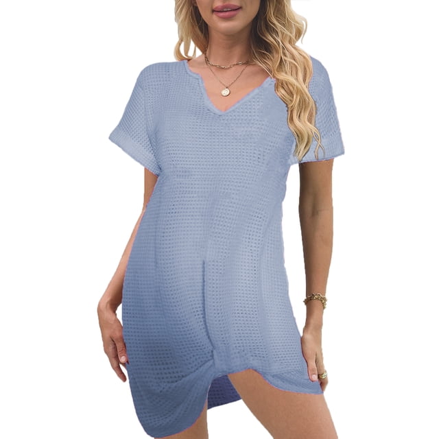 Vestido de punto para mujer - Vestido corto de playa con cuello en V y manga corta para piscina/fiesta en la playa