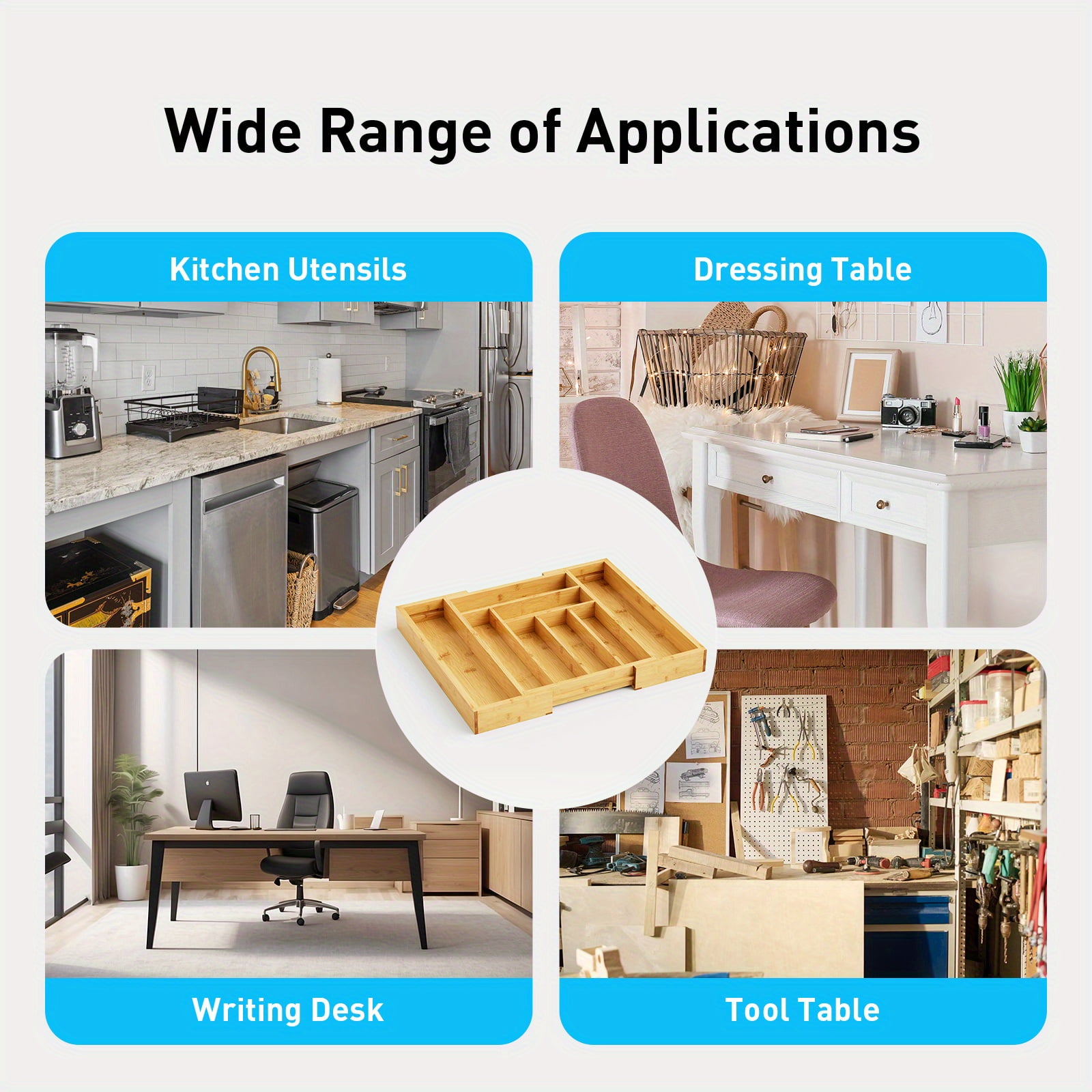 8-Grid Bamboo Expandable Drawer Organizer for Cutlery, Adjustable Wooden Tray for Knives, Forks & Spoons, Lightweight Kitchen, Kitchen Drawer Organizer, Utensil Drawer Organizer