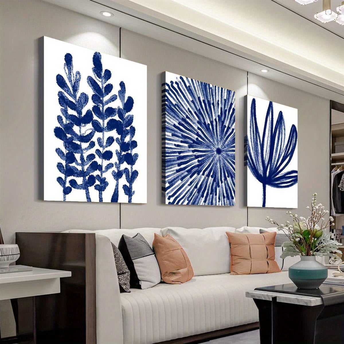 3pcs with frame -Blue floral wall art modern home decor Theme Canvas Wall Art Framed Painting Clearance Sale, 2D Flat, Suitable for Halloween, Christmas, Winter and Summer