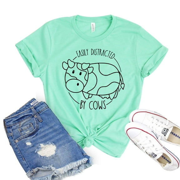 Easily Distracted By Cows Shirt Dairy Farm Tee Women's Farming T-shirt Country Shirts Cow Lover Tshirt Gift For Farmer