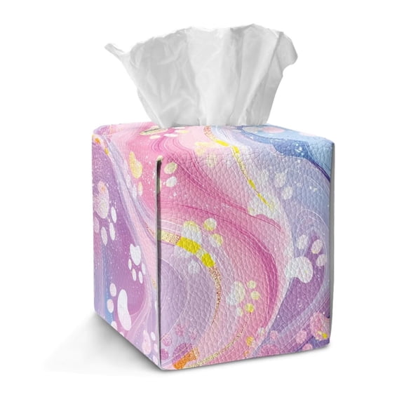 FKELYI Marble Pink Dog Paw Print Tissue Box Cover Squared Tissue Holder Home Accessories PU Leather Tissue Holder Organizer Snap Button Design Modern Decor