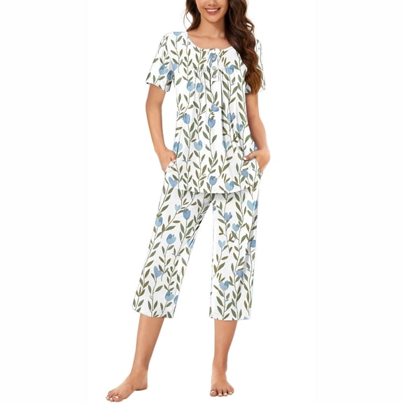 Nrmvnmi Women's Sleepwear Capri Pajama Sets Graphic Prints Button Folded Crew Neck Short Sleeved Tops And Elastic Waisted Pants With Pockets Comfortable Loungewear Sports Pajama Set