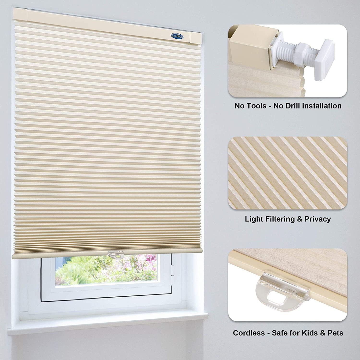 LazBlinds Cordless Cellular Shades, No Tools No Drill Light Filtering Honeycomb Shades Pleated Blinds for Windows, 34'' W x 64'' H, Alabaster