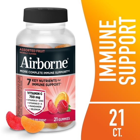 Airborne 750mg Vitamin C Immune Support Gummies, Multivitamin Supplement, Assorted Fruit Flavor, 21 ct
