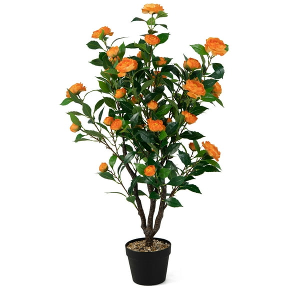 Topbuy 40” Artificial Camellia Tree in Cement Pot Greenery Potted Plant