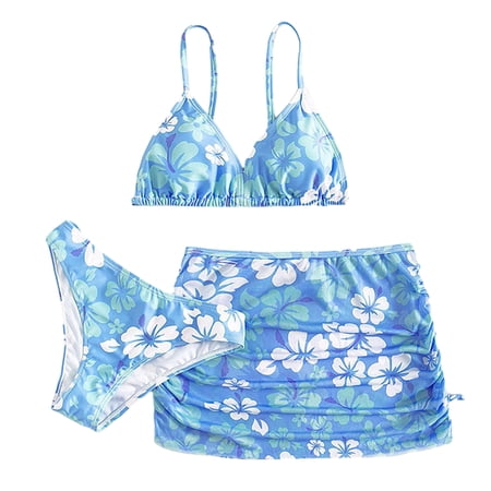 GYRATEDREAM Girl s 3 Piece Cute Spaghetti Strap Triangle Bikini Swimsuit with Drawstring Beach Skirt Cute Ruched Bathing Suit 12-13 Years