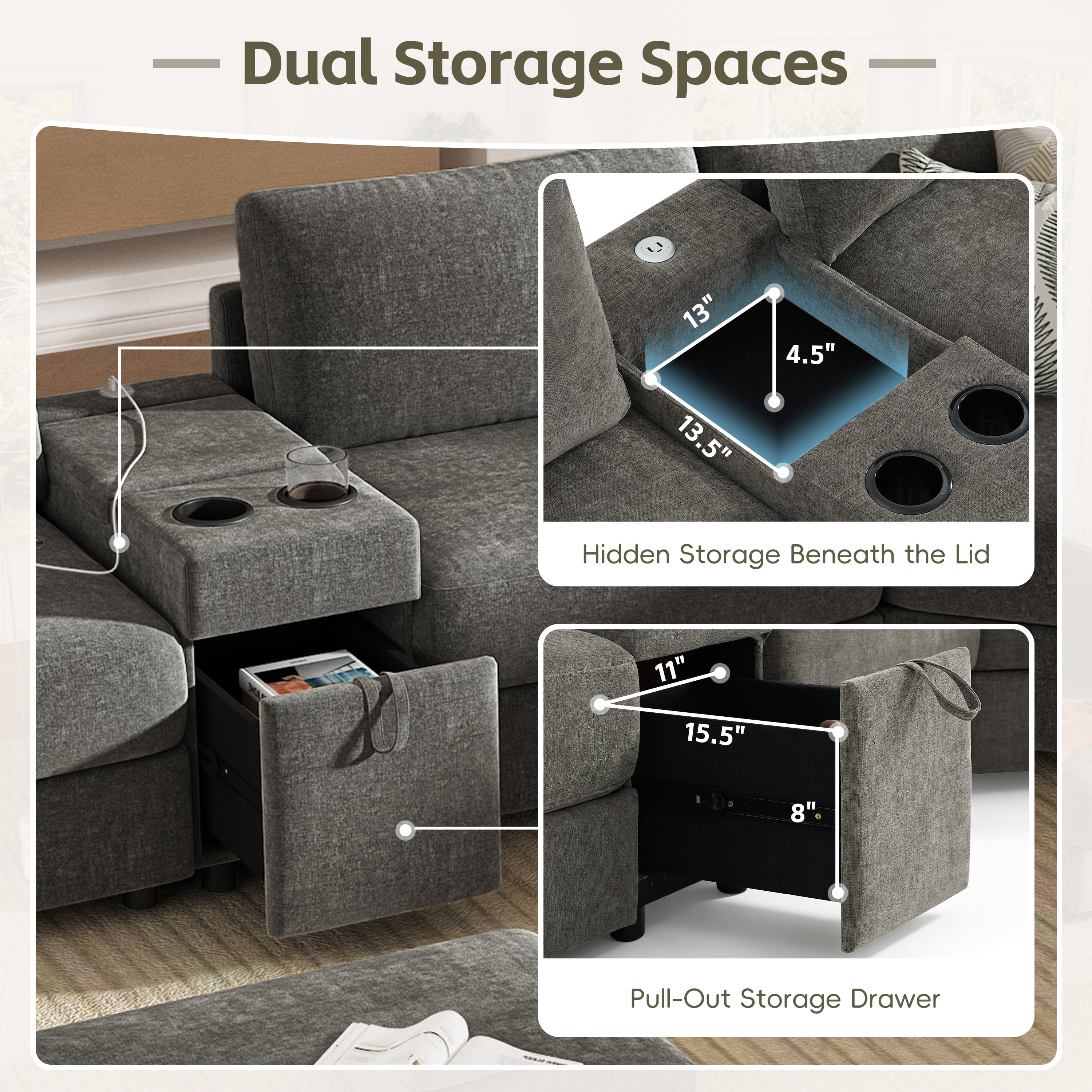 GARITIN 6 Seat U Shaped Modular Sectional Sofa 118 Inch, Oversized Chenille Couch with Ottoman and Storage Console with USB Charging, Gray