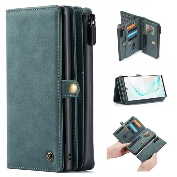 Samsung Galaxy Note 10 Wallet Case, Dteck Matte Leather Zipper Wallet Case 17 Card Slots Holder Flip Purse Magnetic Detachable Shockproof Phone Cover For Samsung Galaxy Note 10,Blue