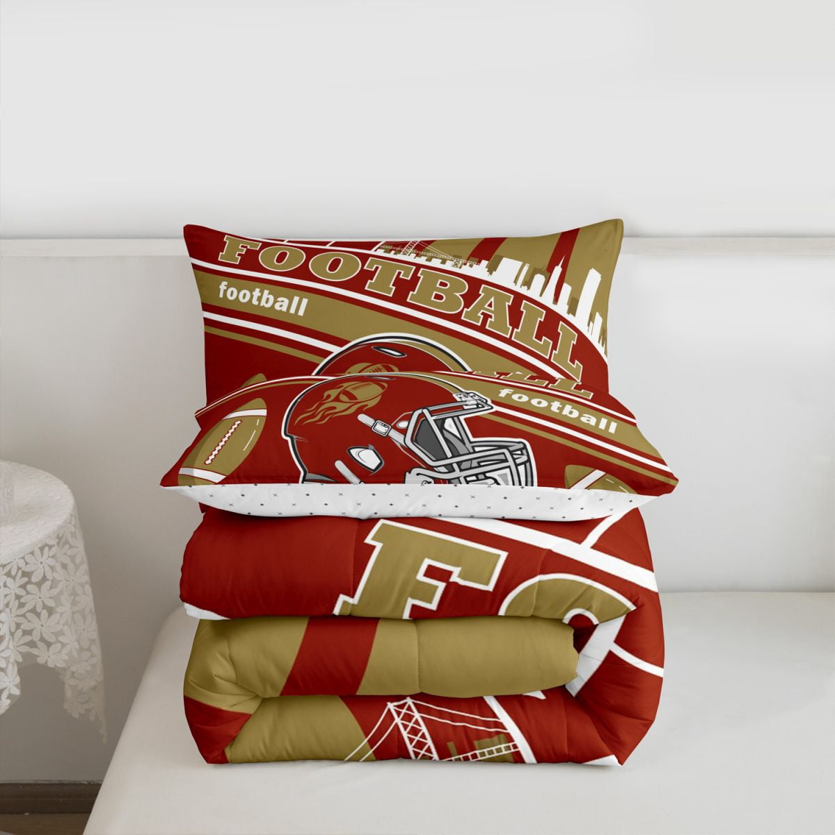 Erosebridal Football Bedding Set Full Size San Francisco Comforter Set American Football Gifts for Football Fans Women Men Football City Comforter Rugby Sports Duvet Set Bedroom Decor