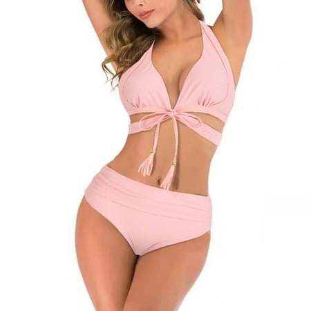 

Finelylove Women Swimsuits Padded Sport Bra Style Bikini Pink L