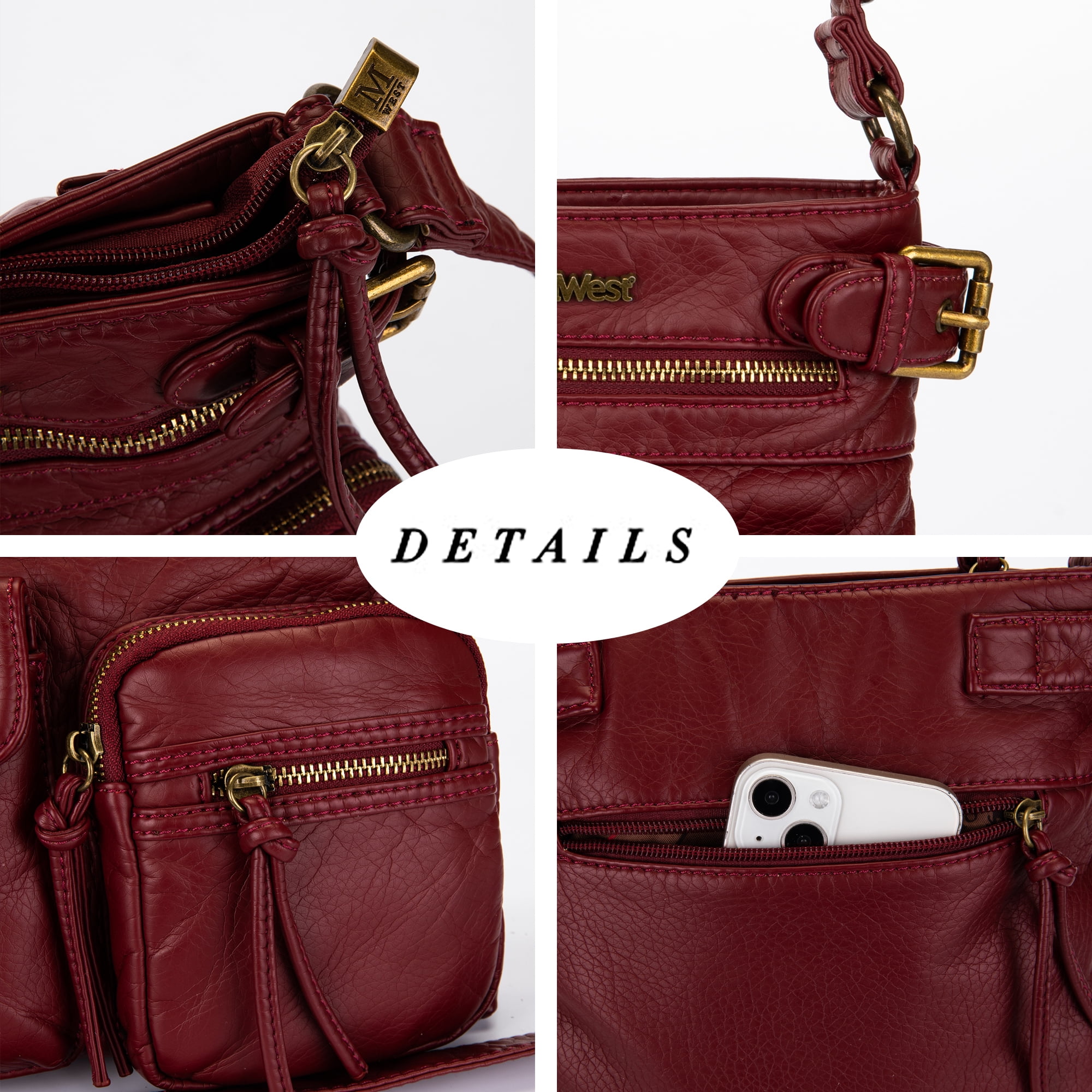 Montana West Crossbody Bag for Women Soft Washed Leather Multi Pocket Shoulder Purses, Burgundy