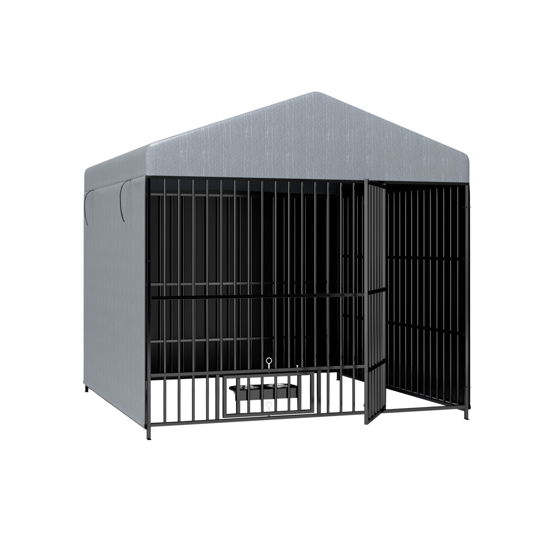 Noble House Large Outdoor Metal Dog Kennel with Roof Cover & Bowls, 6.6' x 6.6' x 6.4', Black+Gray