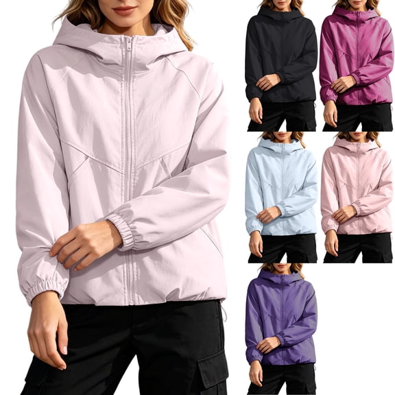 Women's Lightweight Outdoor Windbreaker Full Zip Long Sleeve Hooded Jacket with Pockets for Hiking Travel Camping, Beige, XL
