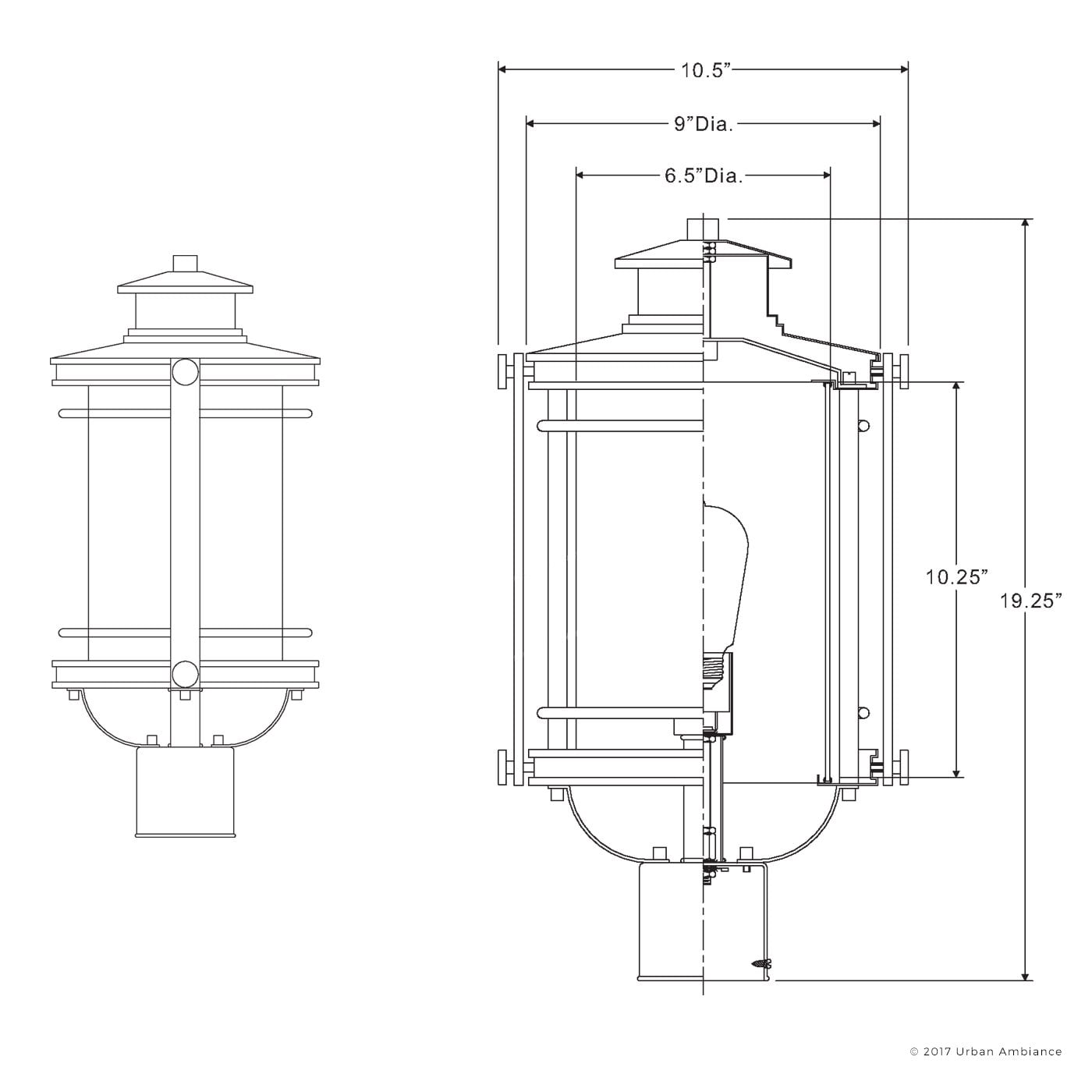 Urban Ambiance Luxury MidCentury Modern Outdoor Post Light, Medium Size: 19.5"H x 10.5"W, with Craftsman Style Elements, High-End Black Silk Finish and Seeded Glass, Includes Edison Bulb, UQL1010