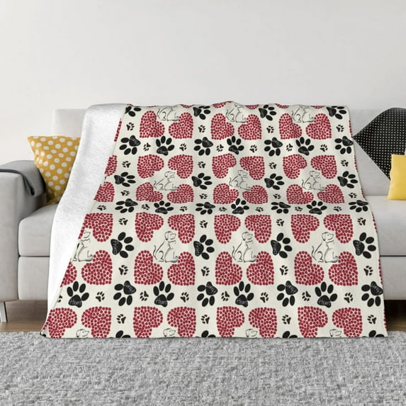 XMXT Throw Blanket, Heart Pet Paw Print Machine Washable Blankets for Sofa, 80 x 60 inches Multicolor
