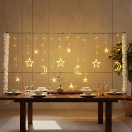 Ramadan Decoration for Home 2026 Eid Mubarak Star Moon Curtain String Lights, Over The Table Rod Stand, Tinsel Garland Table Decor Light Set for Ramadan Mubarak, Kareem, Muslim, Eid Al-fitr