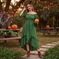 thumbnail image 5 of Halloween Off-Shoulder Corset Dress for Women, Long Bell-Sleeve Gown with Lace-Up Waist & High-Low Hem — Renaissance Costume Green XXL, 5 of 8