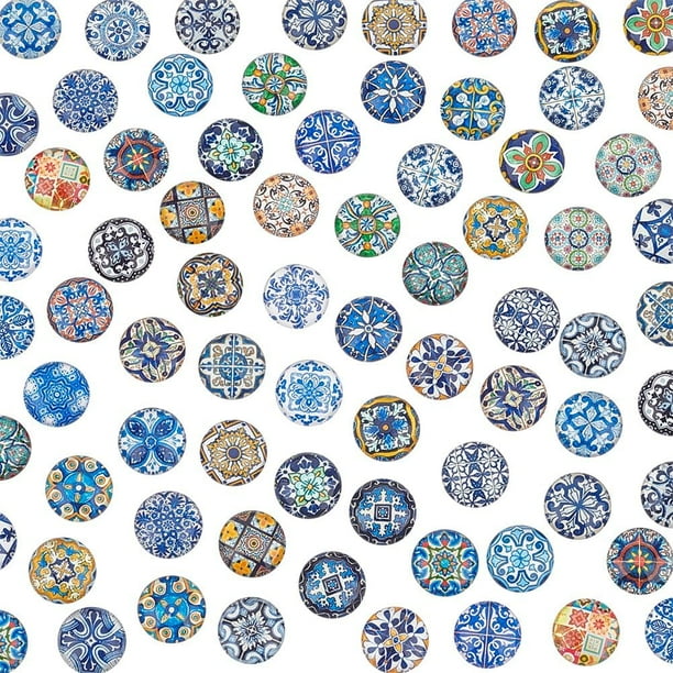 80 piezas de mosaicos de 14 mm, cabujones semicirculares con parte trasera plana, cabujones de cúpula de vidrio con estampado de mosaico colorido, suministros para mosaicos con patrón de flores.