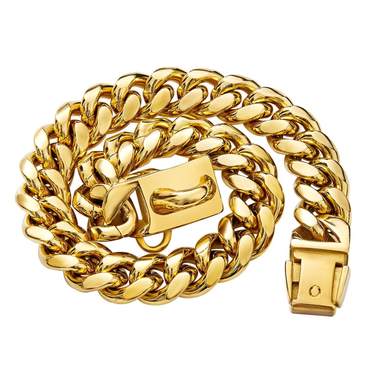 Gold Dog Chain Collar With Buckle,14MM Wide,Strong Steel Metal Chains Collars,18K Gold Plated,Chew Proof Cuban Link Collars For Dogs(20inch,Gold
