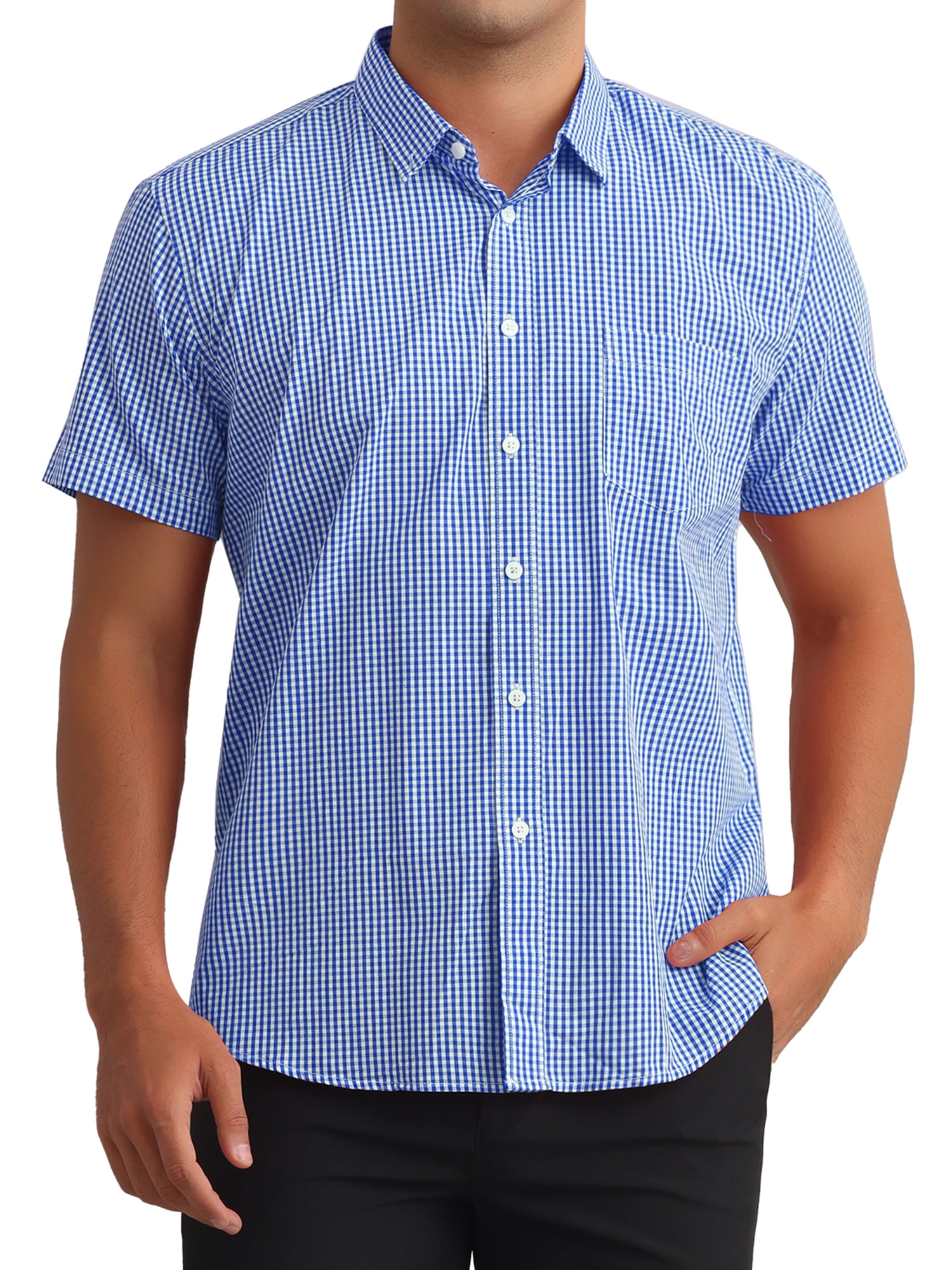 DARING DIVA Men's Gingham Tartan Button Short Sleeve Business Plaid Dress Shirt XL Cyan