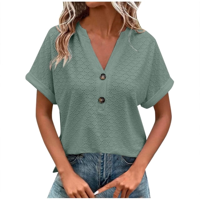 Dealovy Womesn Tops Summer Casual V Neck Buttons T-Shirts Short Sleeve Solid Color Loose Fitted Tees