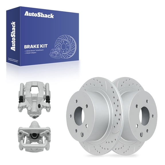 AutoShack Rear Solid Drilled & Slotted Coated Brake Rotors Silver Matte Finish   Calipers 4-PC Brake Kit Replacement for 2002-2024 Nissan Altima 2004-2008 Nissan Maxima TurboGuard 11.47" (291.4 mm)