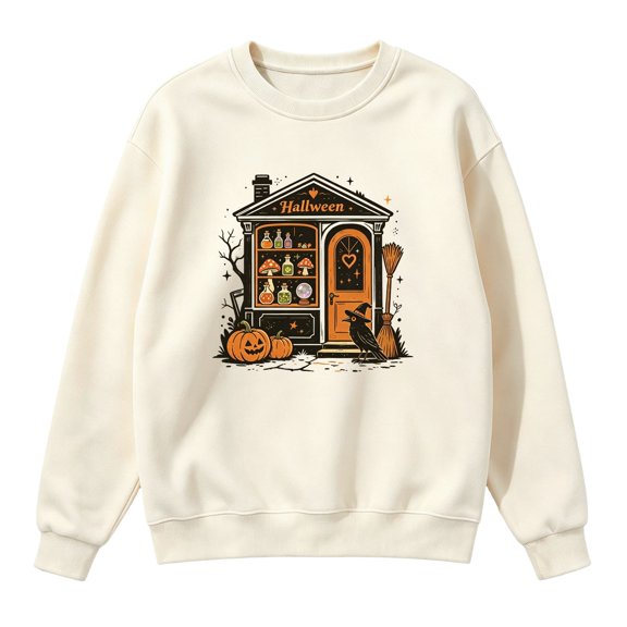 Women Crew Neck Halloween Witch House Graphic Sweatshirt, Drop‑Shoulder Long Sleeve Loose Pullover, Vintage Retro Fall Holiday Top for Halloween Party Trick‑or‑Treat Daily Wear
