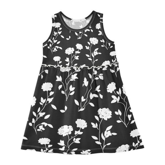 Girls Dress Floral Black Background Sleeveless Dress for Girls Hem A-Line Casual Sundress
