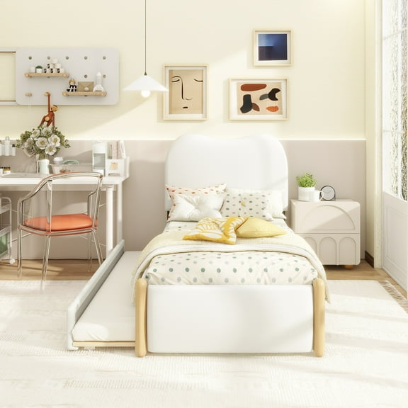 Twin Size Upholstered Platform Bed with Wood Supporting Feet and Twin Size Trundle, White