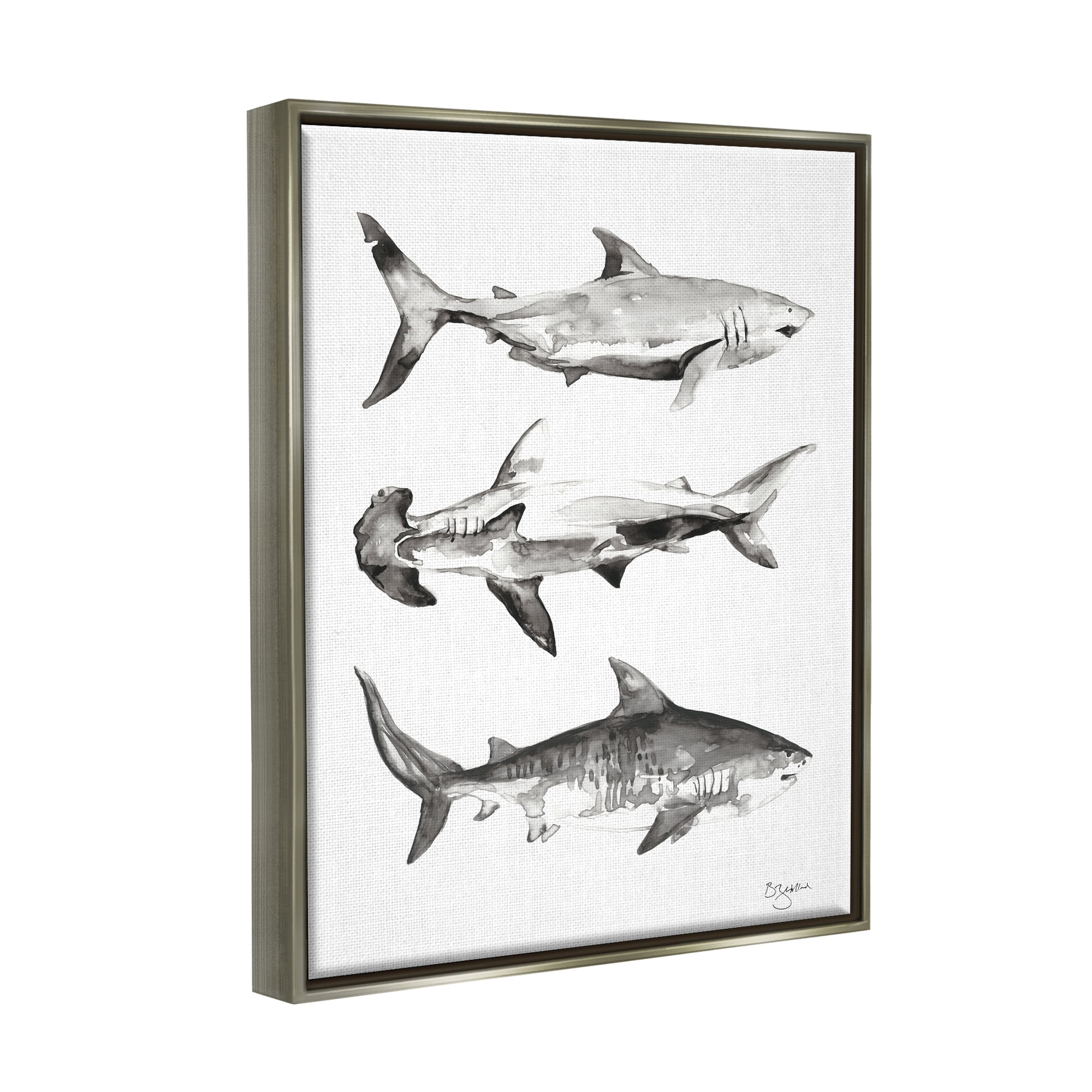 Stupell Industries Nautical Shark Trio Animals & Insects Painting Gray Floater Framed Art Print Wall Art, 17 x 21
