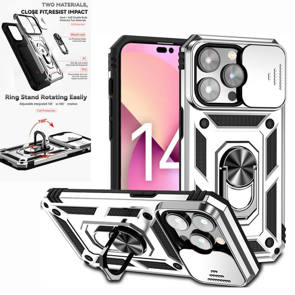 Nalacover Heavy Duty Armor Case for iPhone 14 Pro, Rugged PC Soft TPU Military Grade Shockproof Metal Magnetic Plate Shockproof Cover with Camera Lens Sliding Ring Holder Kickstand Case,Silver