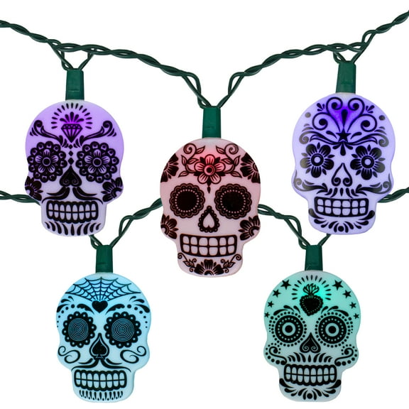 Set of 10 Day of the Dead Color Changing Skull LED Halloween Lights - 11' Green Wire