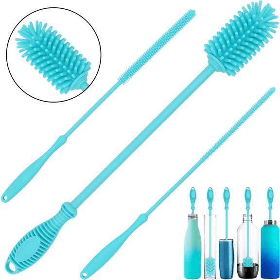 3pcs Silicone Bottle Brush & Straw Cleaner Brush Set, Water Bottle Cleaner for Hydro Flasks, Tumblers, Glassware, Vases and Narrow Neck Containers