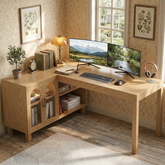 Fnova 59" L Shaped Computer Gaming Desk, Office Desk Writing Table Workstation, Executive Desk with 4 Storage Shelves, for Home Office, Brown