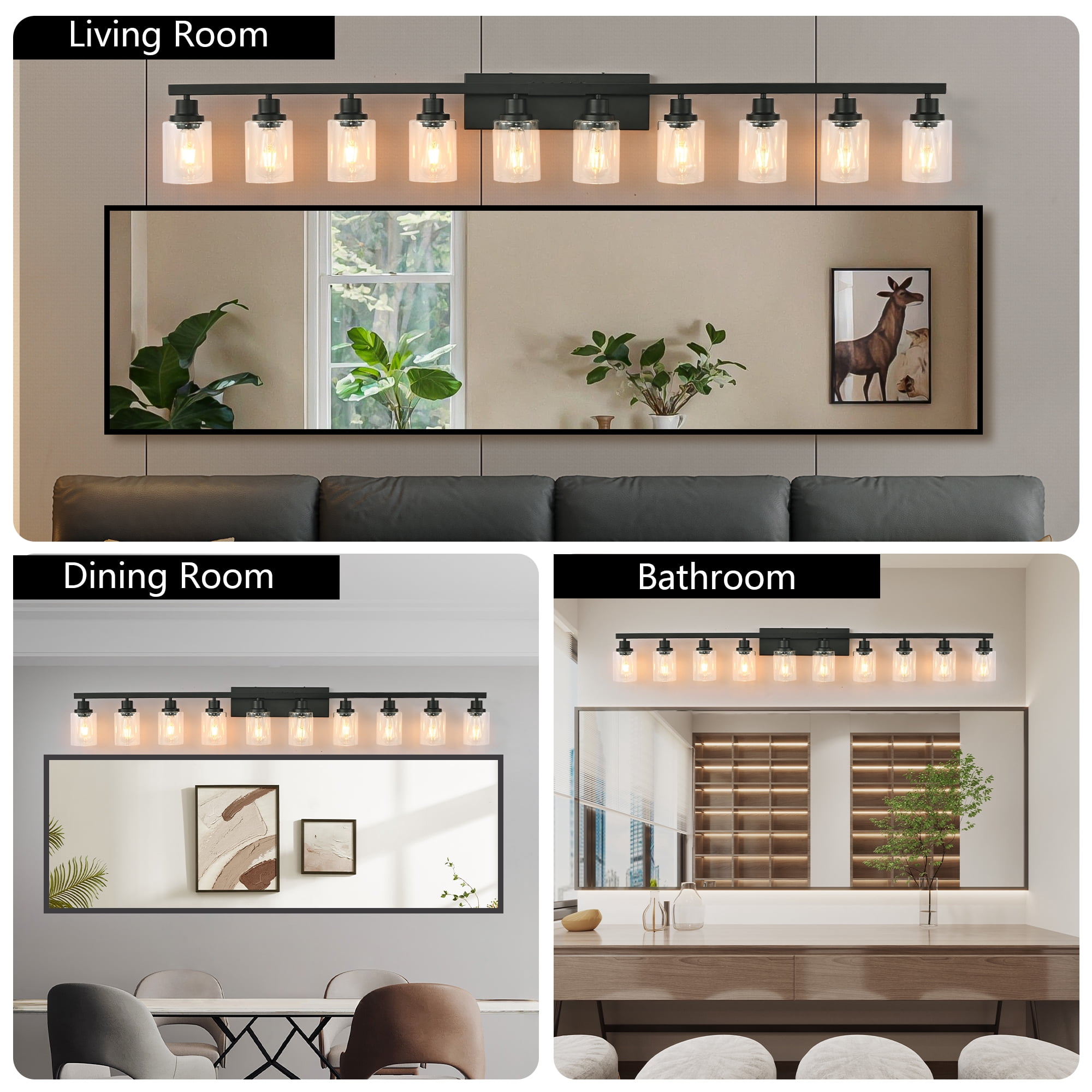 Miniyam 65" Black 10 Light Bathroom Vanity Lights for Bathroom, Vanity Lights Fixtures Modern Wall Lighting for Mirror Bedroom, Living Room (E26, No Bulbs)
