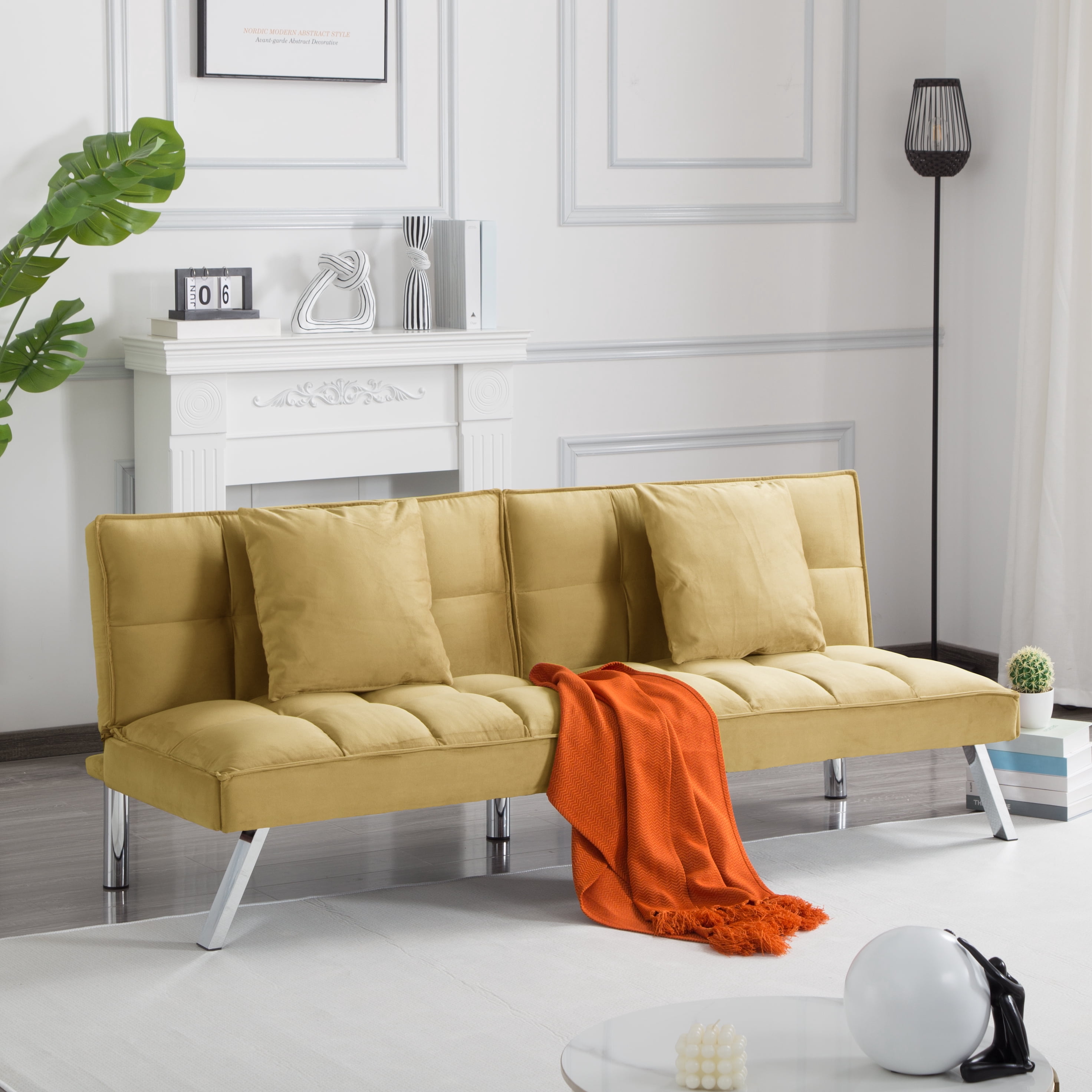 Gewnee Olive Green 67.7” Velvet Futon Sofa Bed, Modern Love Seat with Adjustable Backrest, 2 Throw Pillows, Suitable for Home, Office & Guest Room