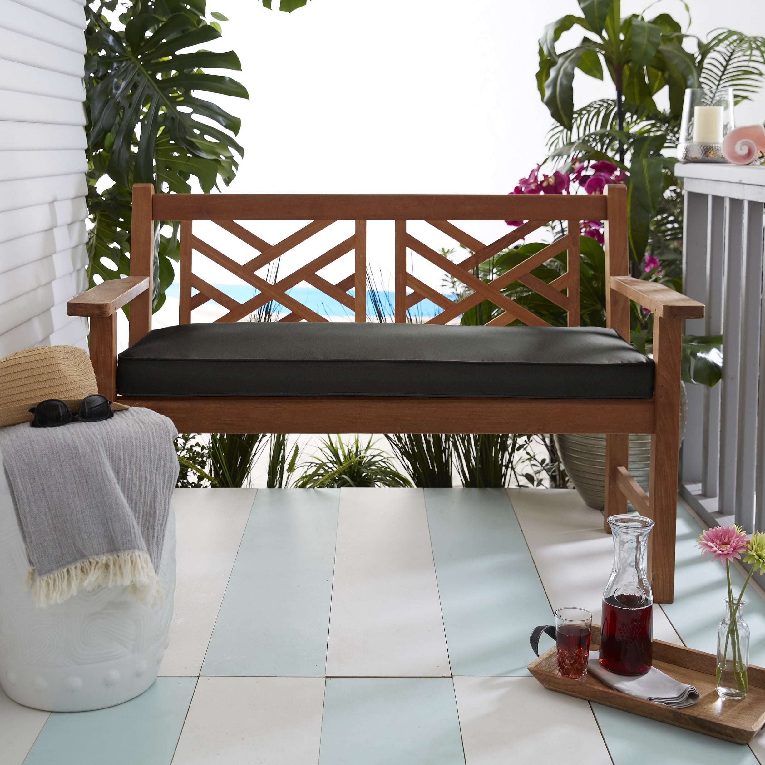 Black Indoor/Outdoor Corded Bench Cushion