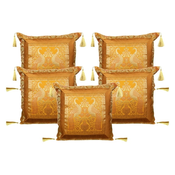 Stylo Culture Ethnic Brocade Home Decor Throw Pillow Covers Mustard Yellow Gold 18 x 18 Jacquard Tassels Couch Cushion Covers 45x45 cm Polydupion Silk Zippered Peacock Pillowcases | Set Of 5