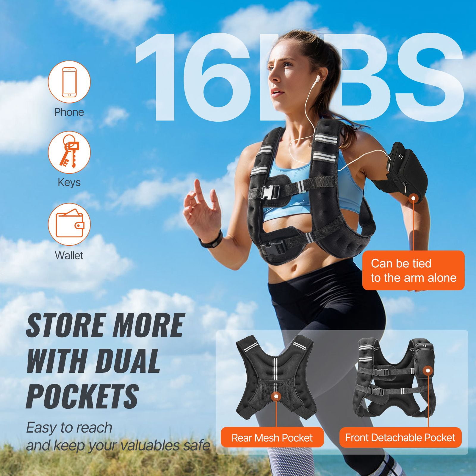 Weighted Vest, 16 lbs Weight Vest with Reflective Stripe, Adjustable Buckle Body Weight Vest for Men Women, Workout Equipment for Strength Training, Running, Jogging, Fitness, and Weight Loss