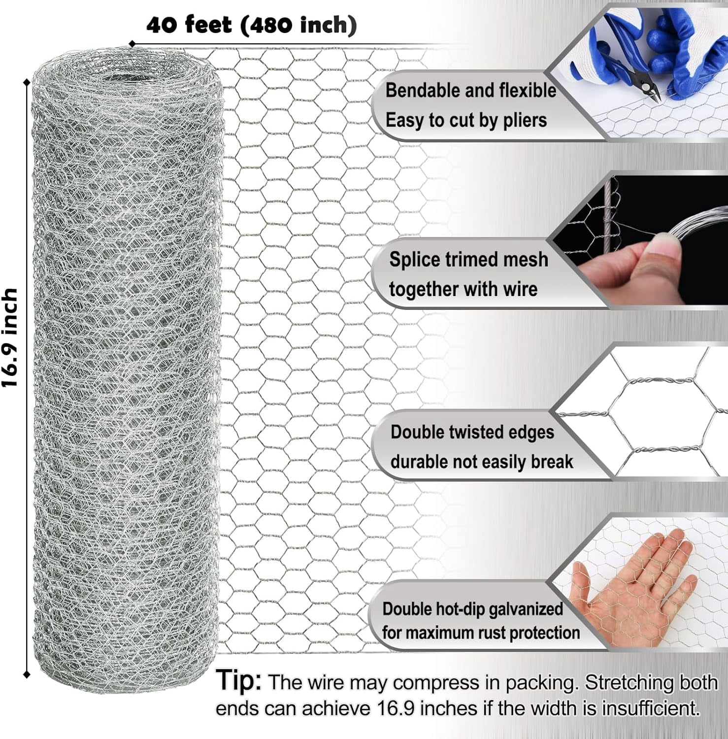 Chicken Wire Fencing Mesh, 16.9 Inch x 40 Feet Metal Floral Fence for Crafts Poultry Garden, 0.6 Hexagonal Galvanized Hardware Cloth Netting Coop Barrier Rabbit Cage