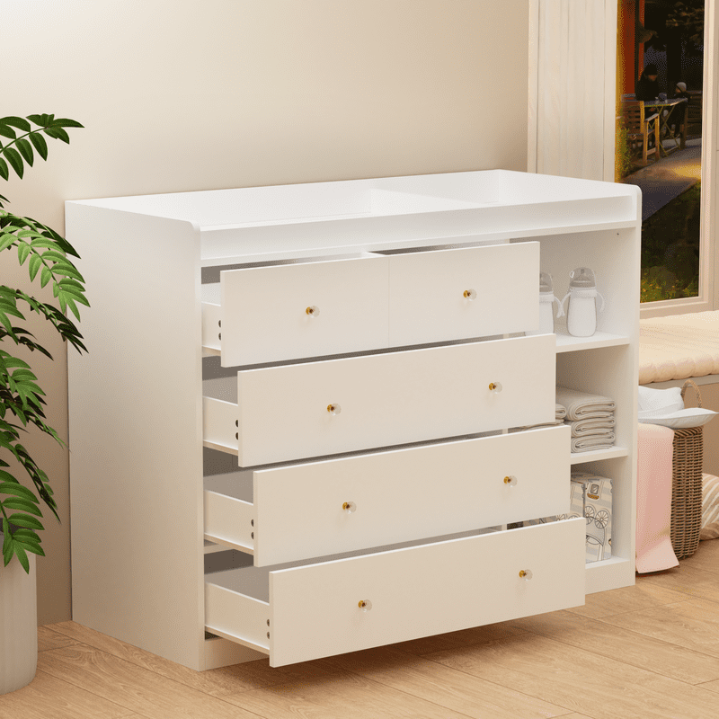 QUNTTINA Baby Changing Table Dresser with 5 Drawers and 3 Storage Cabinet, White