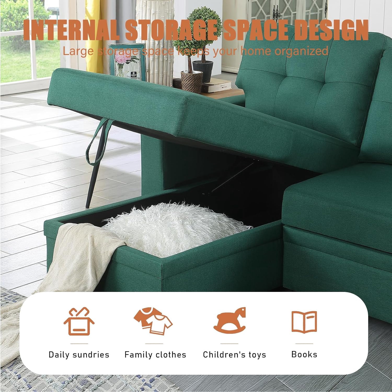 Howcool 82" Convertible Sleeper Sofa Bed, Pull-Out Couch with Reversible Storage Chaise, L-Shaped Sectional Couch with USB Charging, Linen Fabric Sofa for Small Living Room Apartment,Green