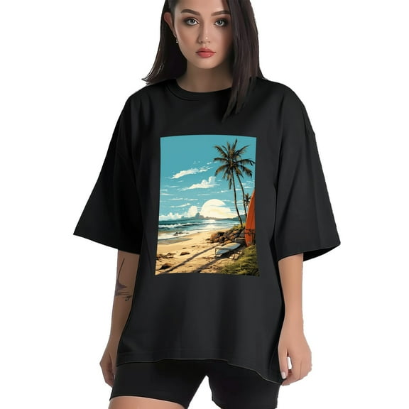Plus Size Shirt for Women Black Tops for Women Short Sleeves Shirt for Women Seaside (63) T Shirt Crewneck Shirt for Women XS