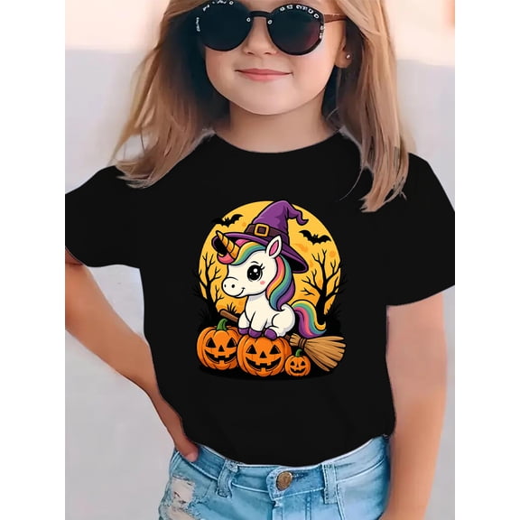 Halloween Girls T-Shirt Unicorn Witch Halloween Pumpkin Print 100% Cotton Short Sleeve Tees Gift For Kids